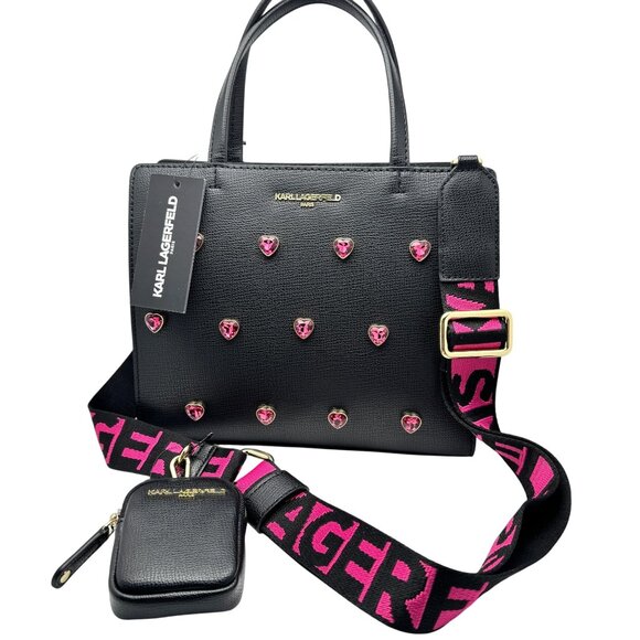 Karl Lagerfeld NWT Paris Black Maybelle Satchel Handbag Pink Crystal Heart - Picture 1 of 16